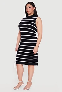 Plus Striped Rib Knit Sleeveless Mock Neck Midi Dress