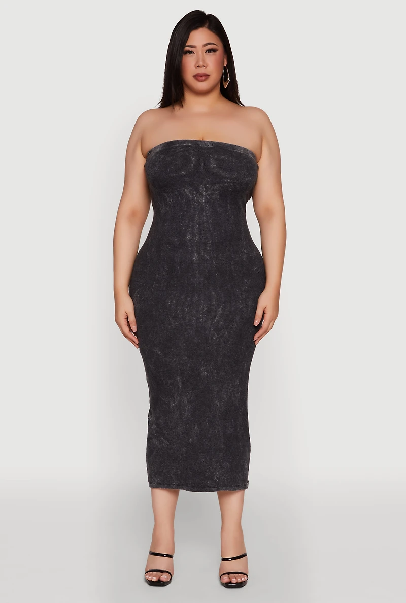 Womens Plus Size Rib Knit Mineral Wash Tube Dress, Grey, Size 3X