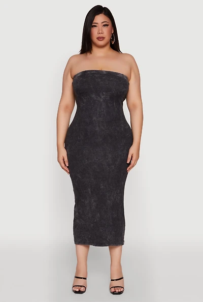 Womens Plus Size Rib Knit Mineral Wash Tube Dress, Grey, Size 3X