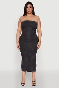 Womens Plus Size Rib Knit Mineral Wash Tube Dress, Grey, Size 3X