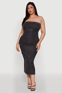 Womens Plus Size Rib Knit Mineral Wash Tube Dress, Grey, Size 3X