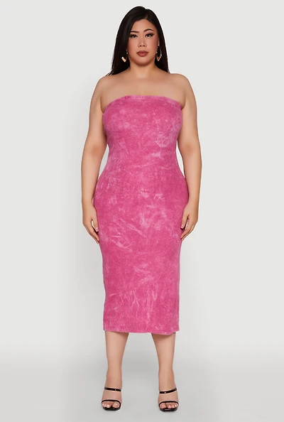 Womens Plus Size Rib Knit Mineral Wash Tube Dress, Pink, Size 4X