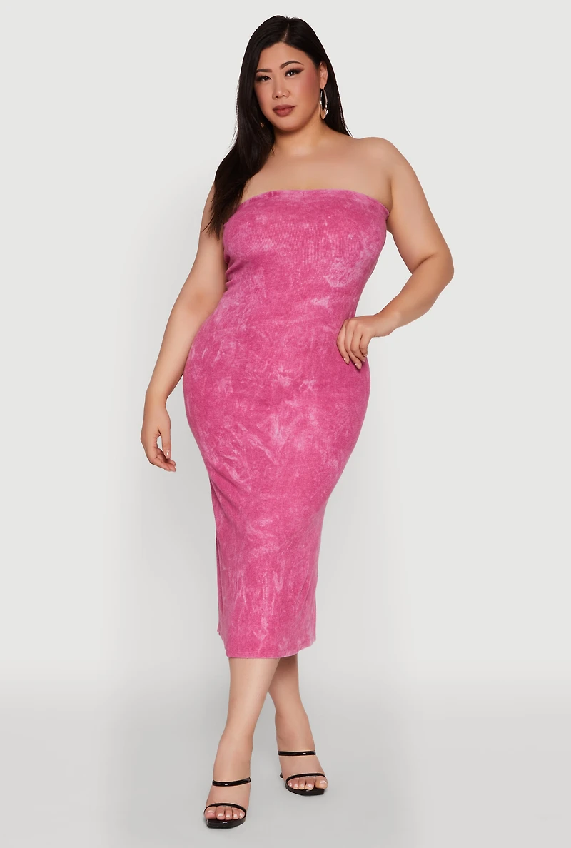 Womens Plus Size Rib Knit Mineral Wash Tube Dress, Pink, Size 4X