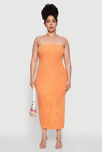 Womens Plus Size Rib Knit Mineral Wash Tube Dress, Orange, Size 2X