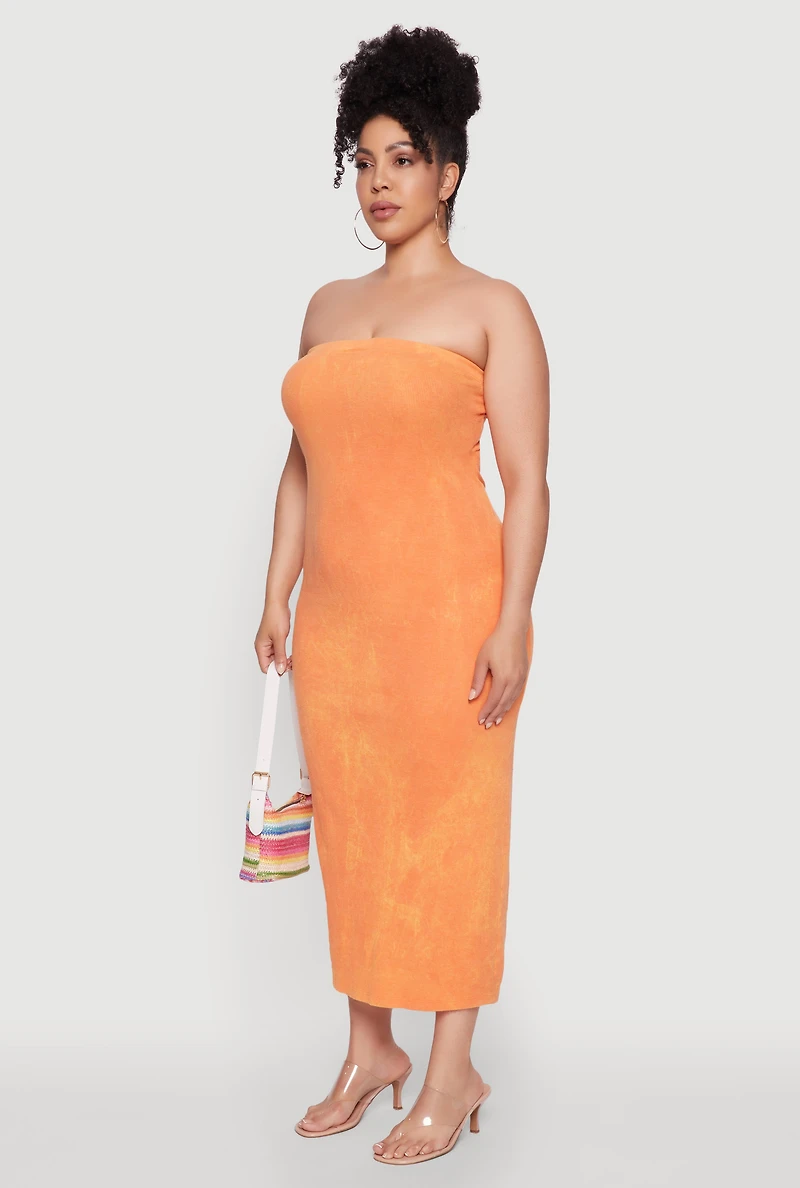 Womens Plus Size Rib Knit Mineral Wash Tube Dress, Orange, Size 2X