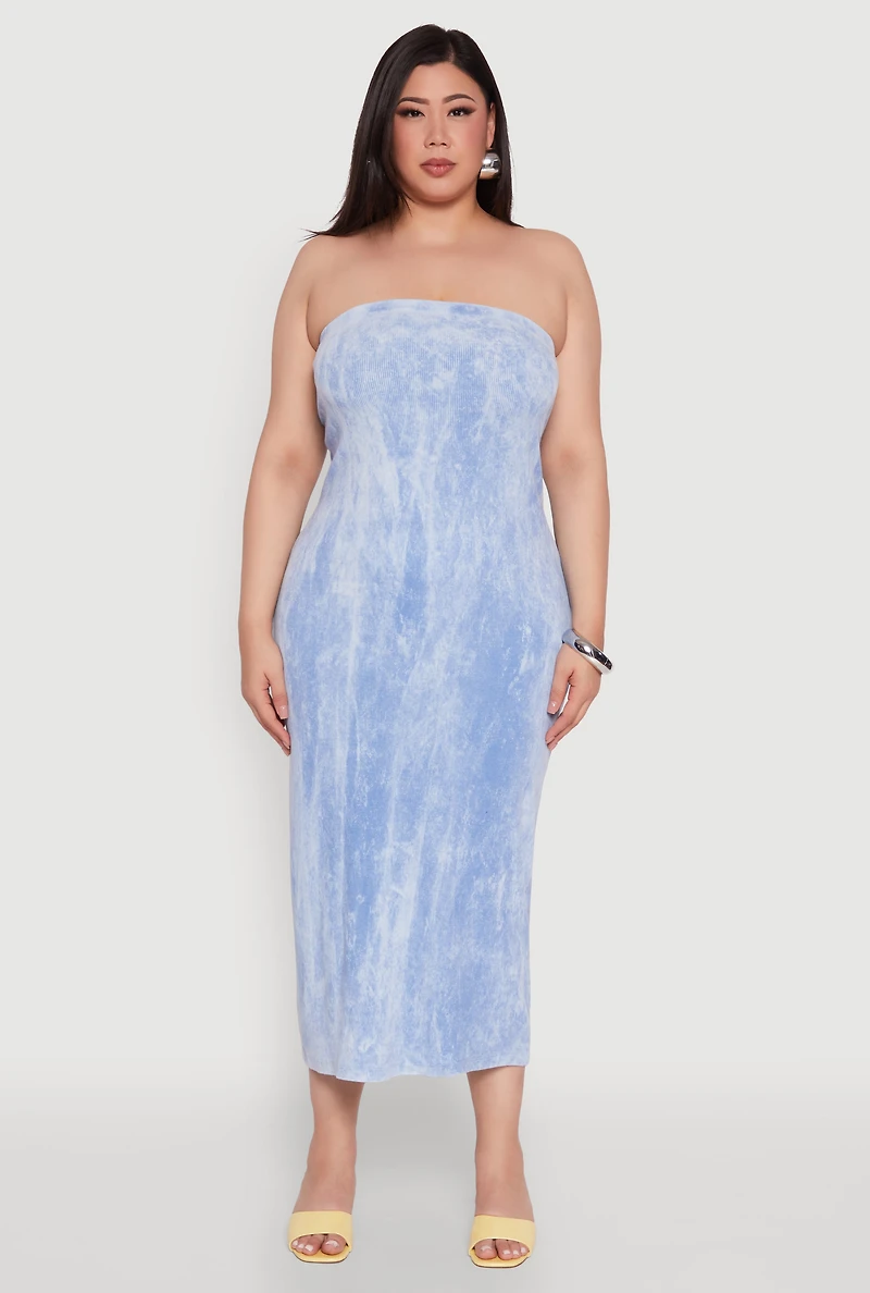 Womens Plus Size Rib Knit Mineral Wash Tube Dress, Blue, Size 2X