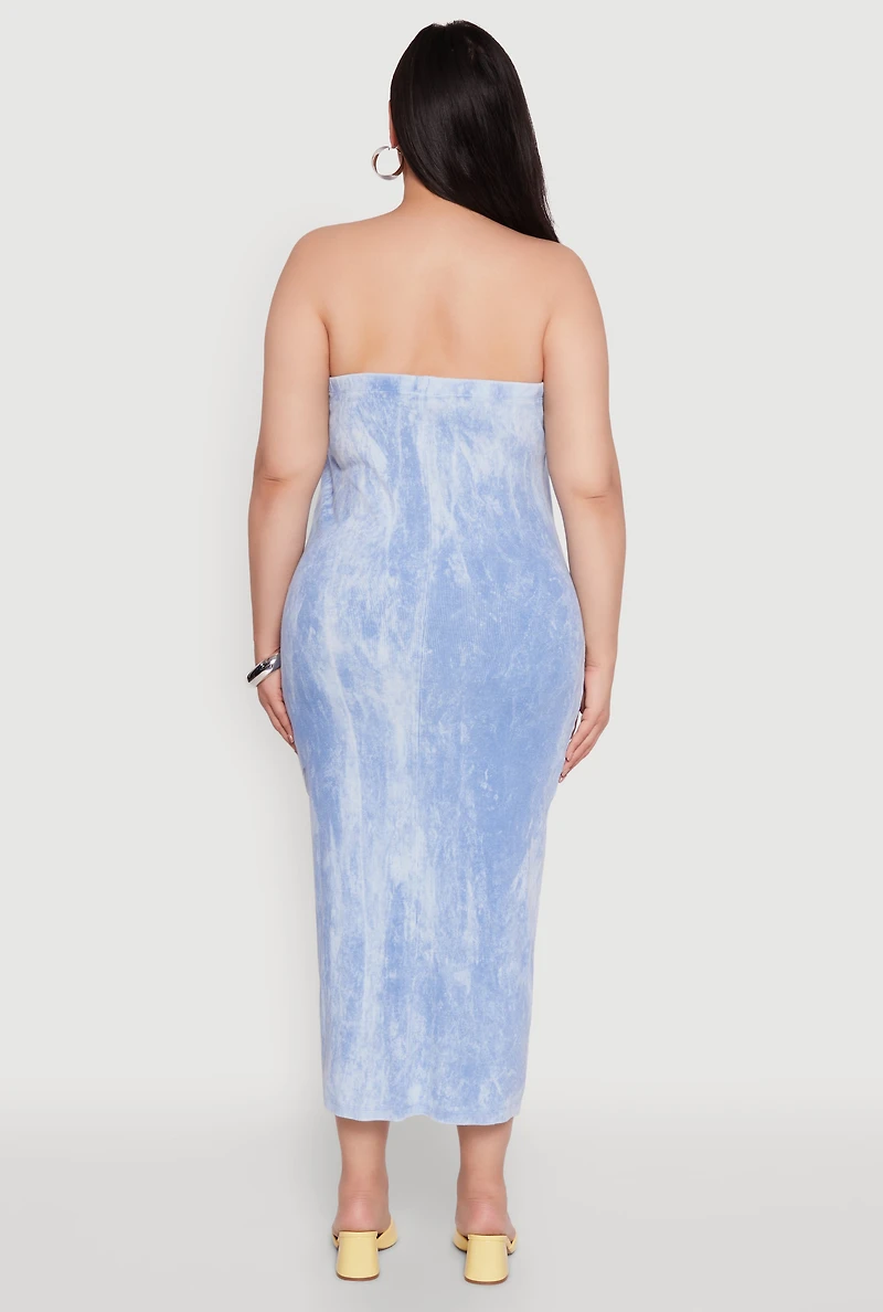 Womens Plus Size Rib Knit Mineral Wash Tube Dress, Blue, Size 2X