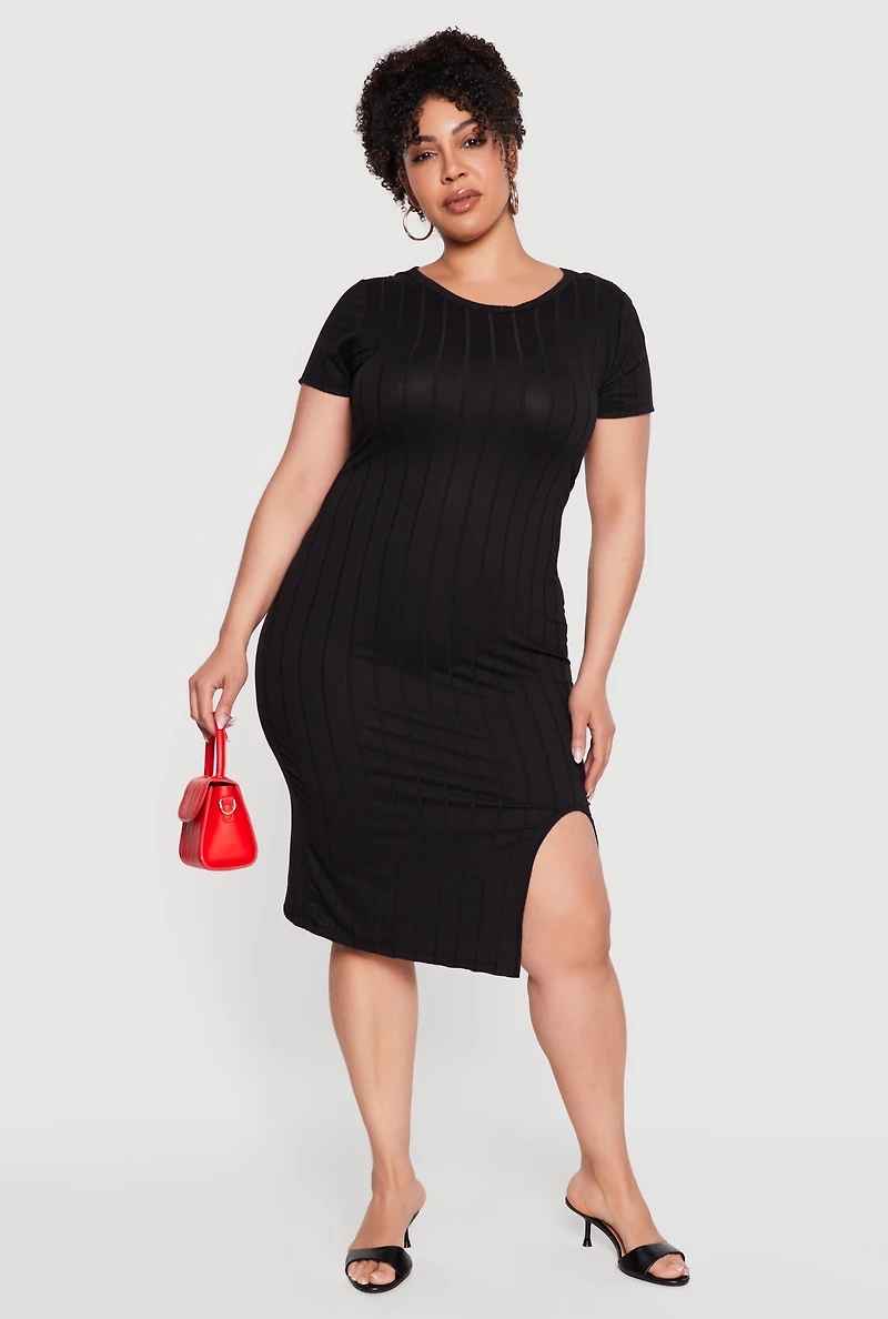 Plus Short Sleeve Ribbed Knit Dress with Side Slit
