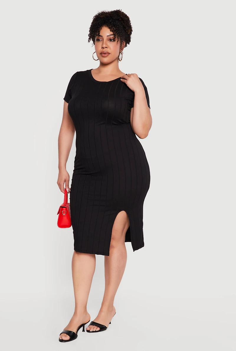 Plus Short Sleeve Ribbed Knit Dress with Side Slit