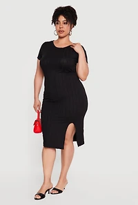 Plus Short Sleeve Ribbed Knit Dress with Side Slit
