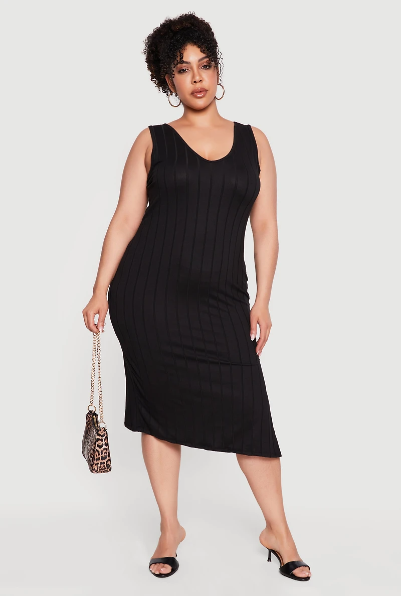Plus Sleeveless V-Neck Ribbed Knit Midi Dress