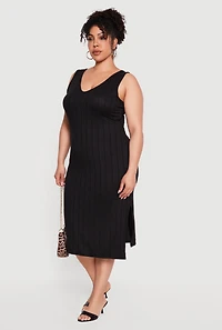 Plus Sleeveless V-Neck Ribbed Knit Midi Dress