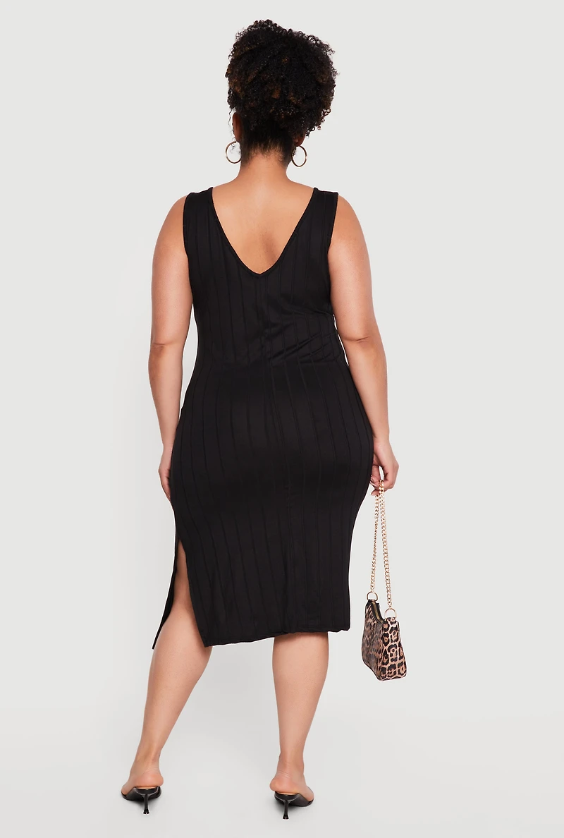 Plus Sleeveless V-Neck Ribbed Knit Midi Dress