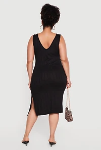 Plus Sleeveless V-Neck Ribbed Knit Midi Dress