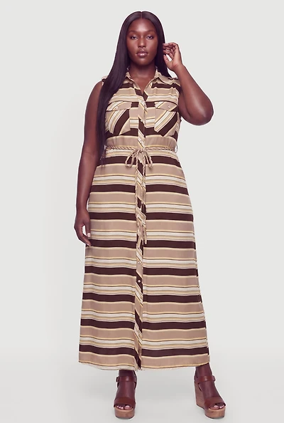 Plus Striped Button Front Tie Waist Belted Shirt Dress