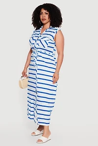 Plus Striped Tie Waist Belted Button Front Shirt Dress