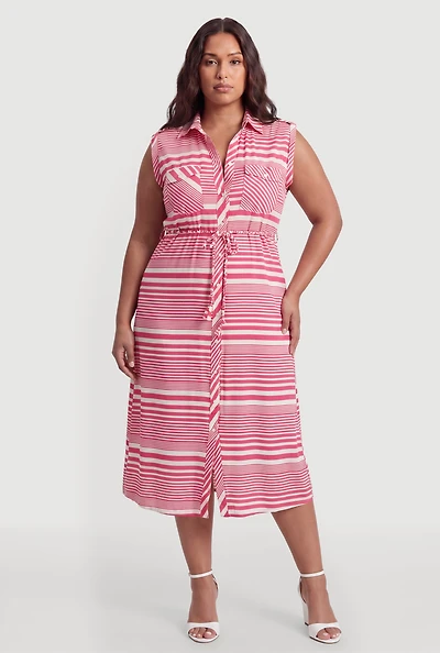 Plus Striped Button Front Sleeveless Dress