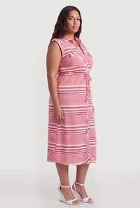 Plus Striped Button Front Sleeveless Dress