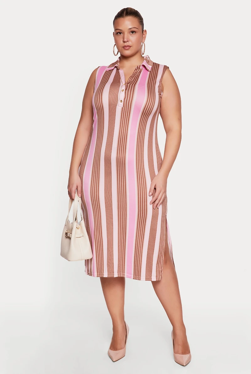 Plus Striped Side Slit Midi Shirt Dress
