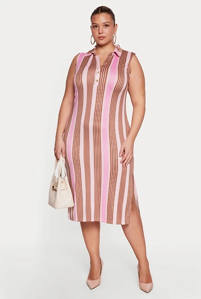 Plus Striped Side Slit Midi Shirt Dress