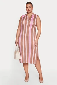 Plus Striped Side Slit Midi Shirt Dress