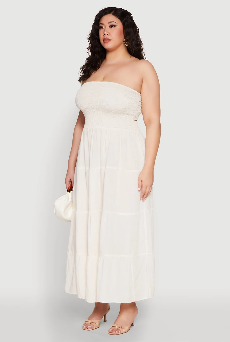 Womens Plus Size Linen Strapless Smocked Tiered Dress, Beige, Size 2X