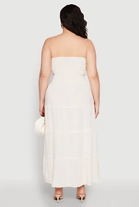 Womens Plus Linen Strapless Smocked Tiered Dress, Beige,