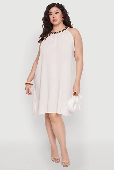 Plus Wood Trim Detail Linen Shift Dress