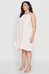 Womens Plus Size Wood Trim Detail Linen Shift Dress, Beige, Size 3X