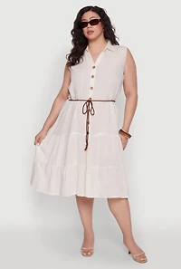 Womens Plus Size Linen Sleeveless Button Front Dress, Beige, Size 1X