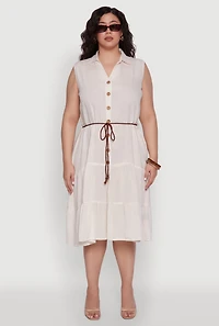 Womens Plus Size Linen Sleeveless Button Front Dress, Beige, Size 3X