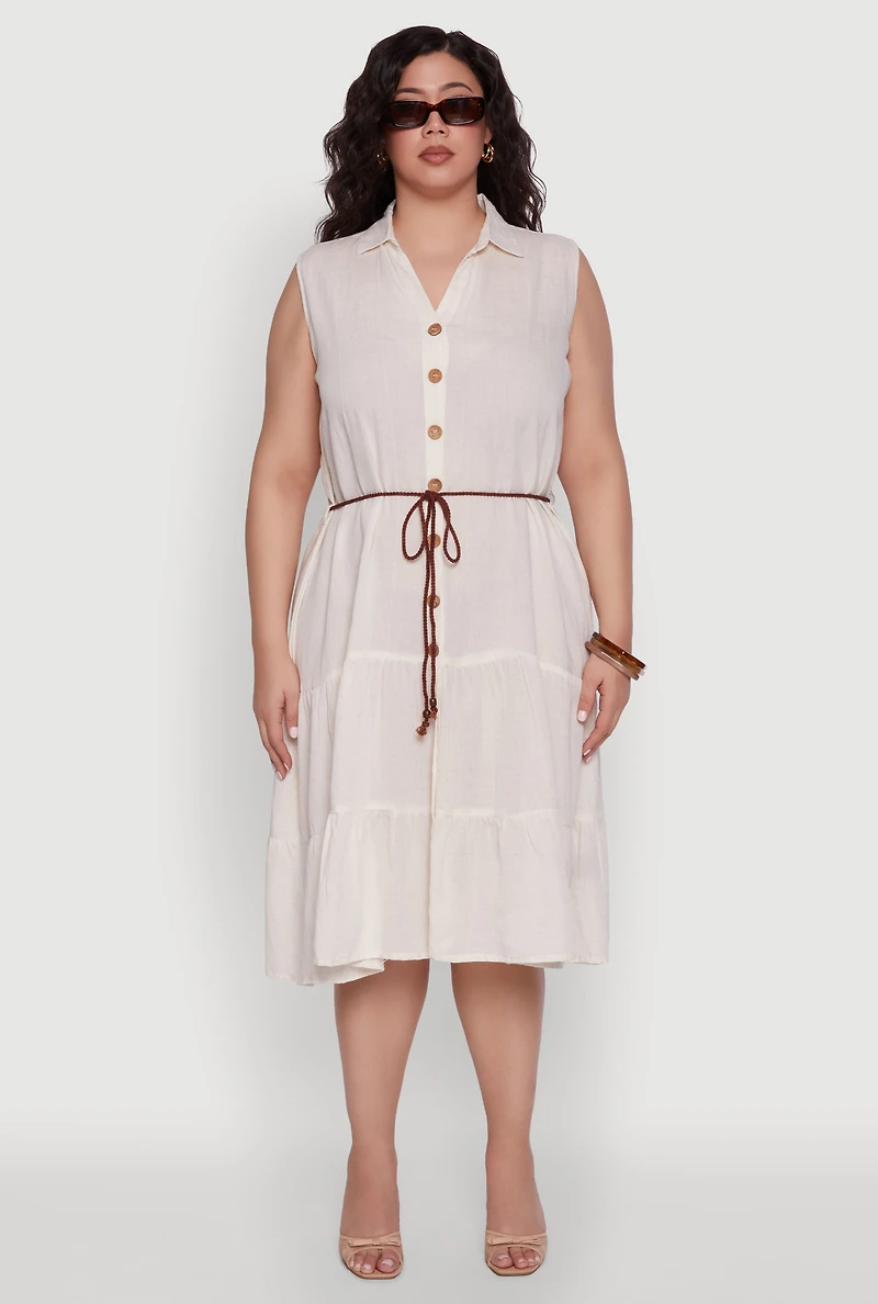 Womens Plus Size Linen Sleeveless Button Front Dress, Beige, Size 2X