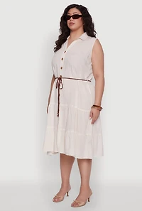 Womens Plus Size Linen Sleeveless Button Front Dress, Beige, Size 2X