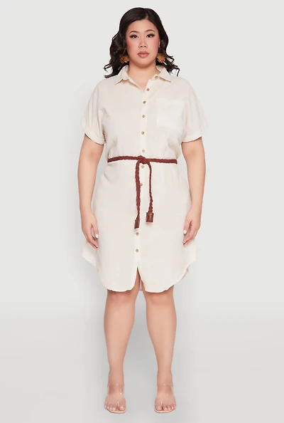 Womens Plus Size Linen Cap Sleeve Button Front Shirt Dress, Beige, Size 2X