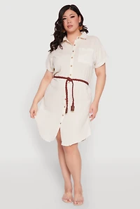 Plus Linen Cap Sleeve Button Front Shirt Dress