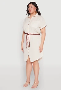 Plus Linen Cap Sleeve Button Front Shirt Dress