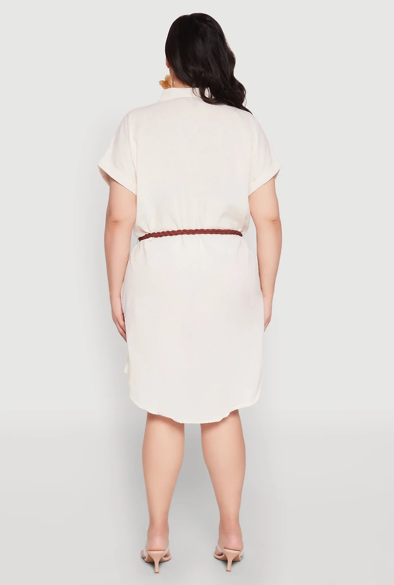 Womens Plus Size Linen Cap Sleeve Button Front Shirt Dress, Beige, Size 1X