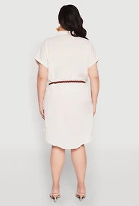 Womens Plus Size Linen Cap Sleeve Button Front Shirt Dress, Beige, Size 2X