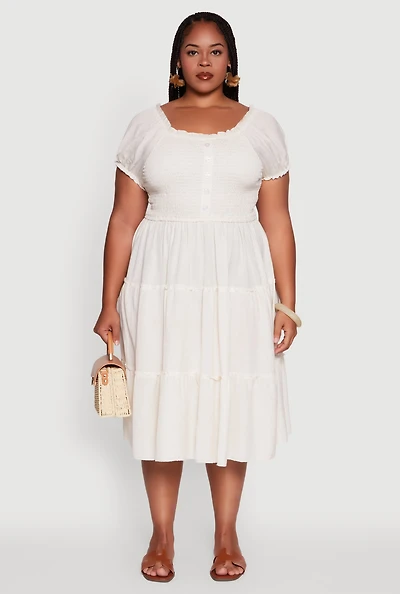 Womens Plus Size Linen Smocked Tiered Sundress, Beige, Size 2X