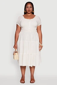 Womens Plus Size Linen Smocked Tiered Sundress, Beige, Size 2X