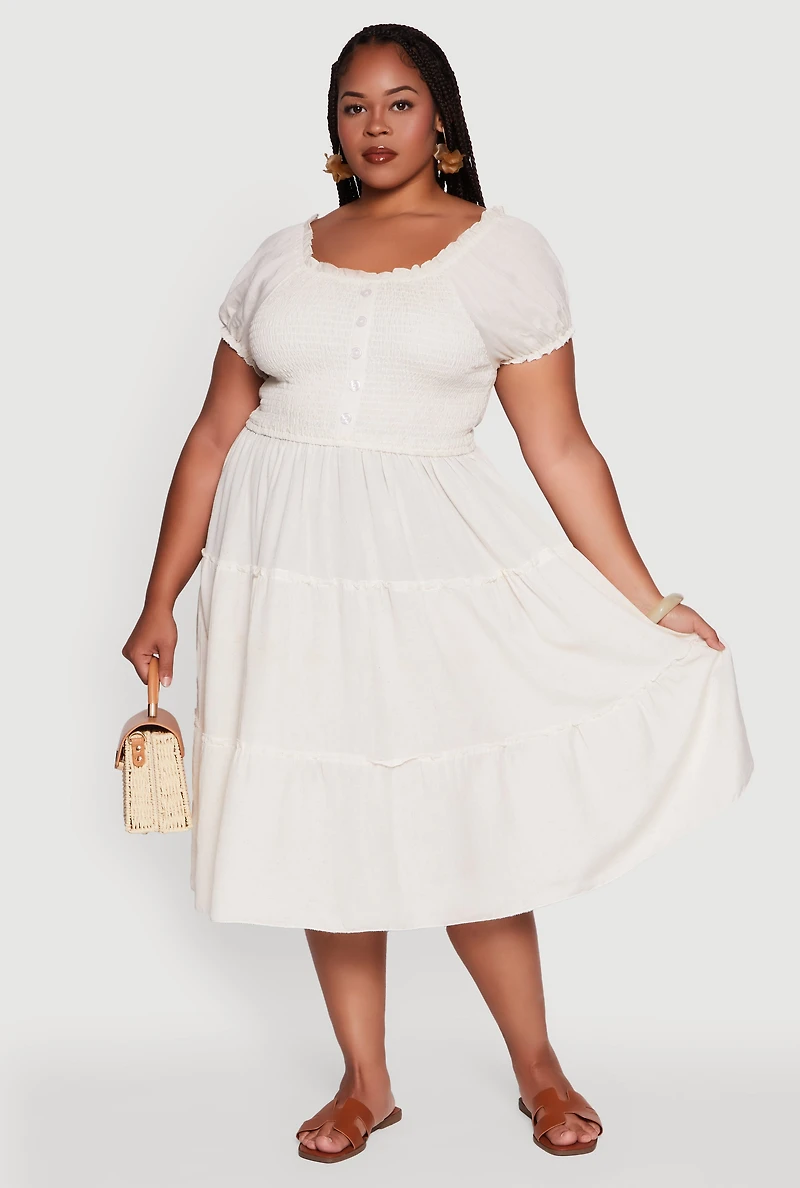 Womens Plus Size Linen Smocked Tiered Sundress, Beige, Size 2X
