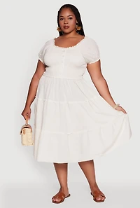 Womens Plus Size Linen Smocked Tiered Sundress, Beige, Size 2X