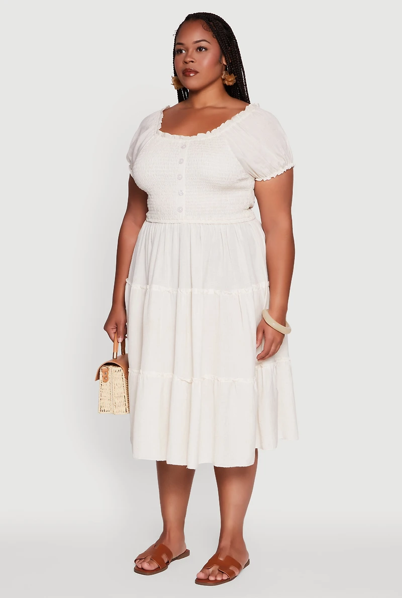 Womens Plus Size Linen Smocked Tiered Sundress, Beige, Size 2X