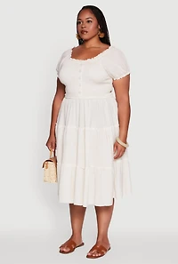 Womens Plus Size Linen Smocked Tiered Sundress, Beige, Size 2X