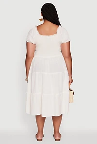 Womens Plus Size Linen Smocked Tiered Sundress, Beige, Size 2X