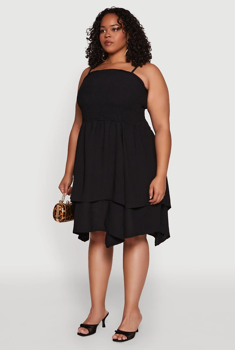 Womens Plus Smocked Ruffle Tiered Dress,