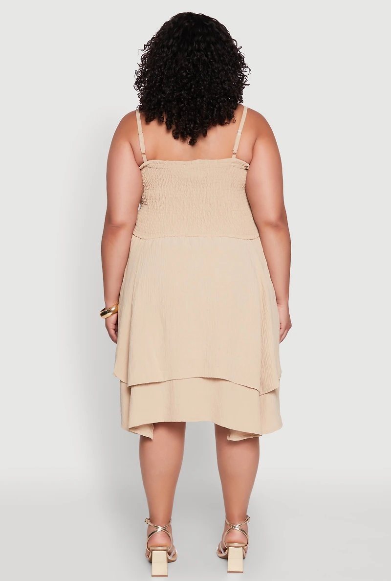 Womens Plus Size Smocked Ruffle Tiered Dress, Beige, Size 2X