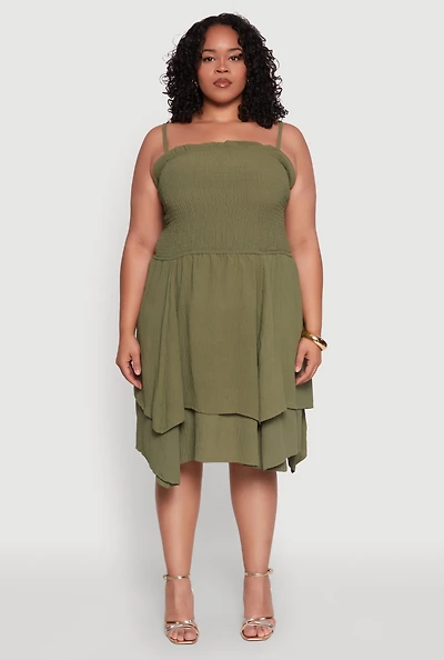 Womens Plus Size Smocked Ruffle Tiered Dress, Green, Size 3X