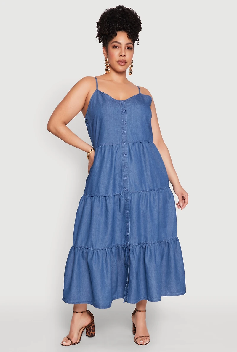 Plus Chambray Button Front Tiered Maxi Dress