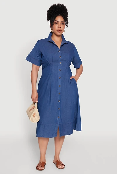 Plus Chic Chambray Shirt Dress with Pleated Details
